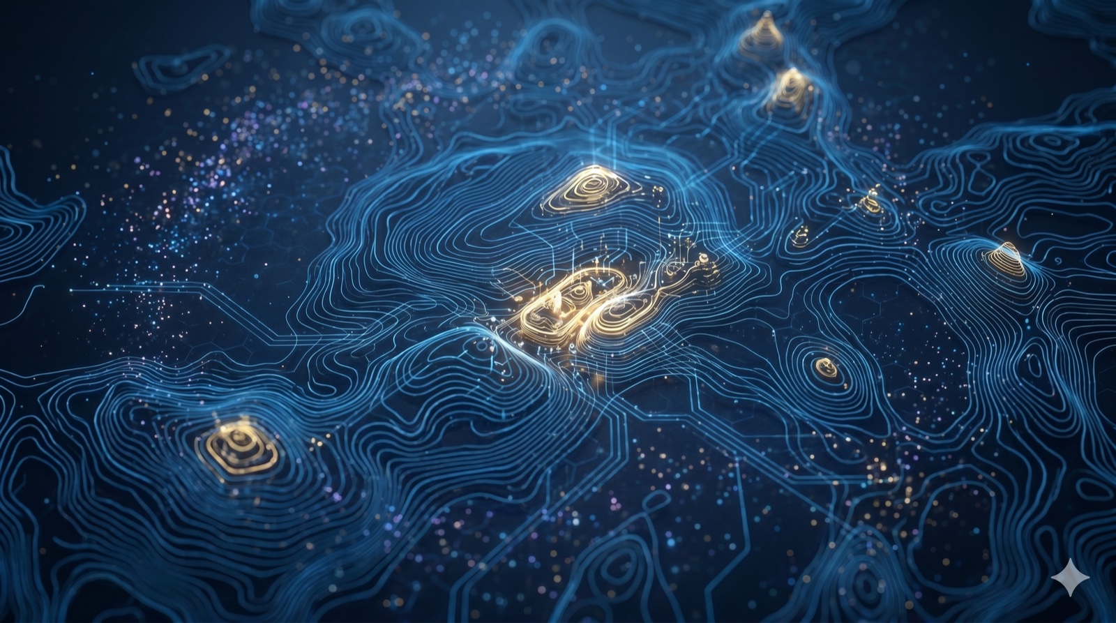 Glowing topographic contour map with one focal area illuminated