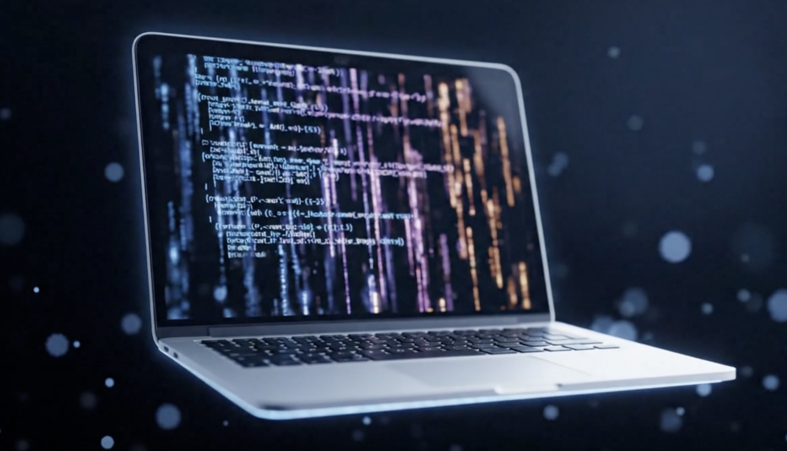 Silver laptop displaying scrolling abstract code on dark background