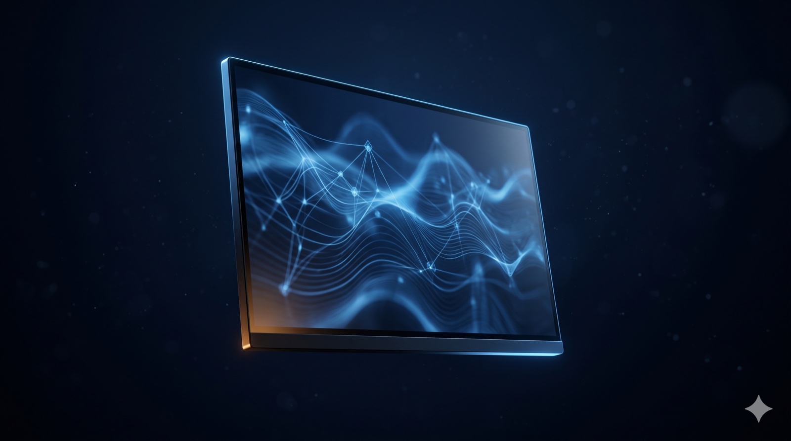 Floating monitor displaying abstract software visualization on dark navy background